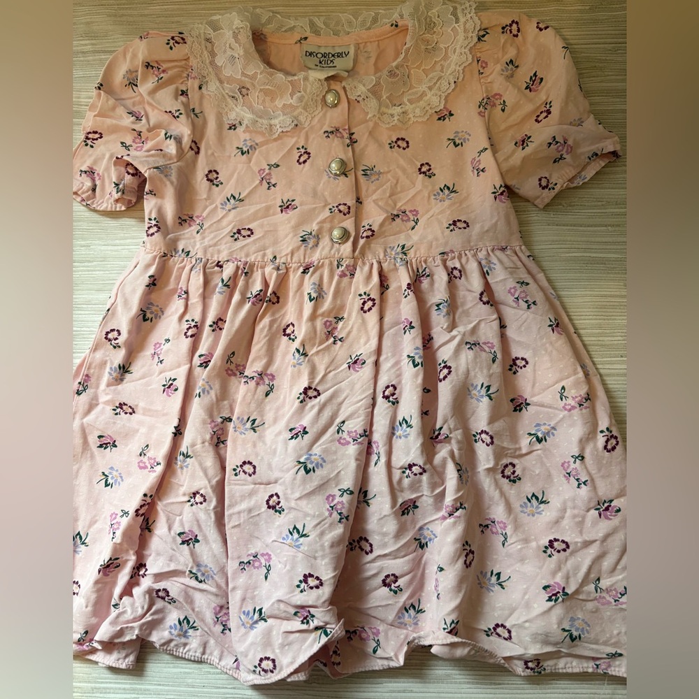 DISORDERLY KIDS 4T? ✨ VINTAGE Pink Floral Dress with Lace Collar EUC